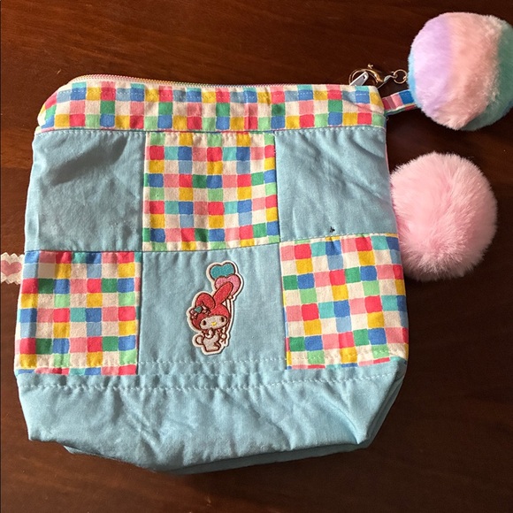 Kids Pink Floral & Patchwork Backpack with Pom Pom Keychain - Picture 2 of 6